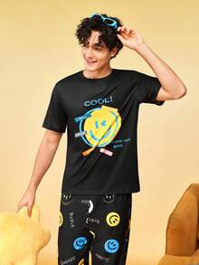 Notgurli Men's Summer Printed Crew Neck Short Sleeve Long Pants Casual Minimalist Comfortable Home Wear Pajama Set - Black - View 6
