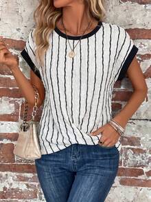 EMERY ROSE Women's Round Neck Black And White Striped Colorblock Casual Versatile Daily Wear T-Shirt Daily Summer Daily - Multicolor - View 6
