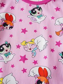 THE POWERPUFF GIRLS X SHEIN 女童可愛卡通印花圓領上衣與短褲家居服 - 粉色 - 查看 4