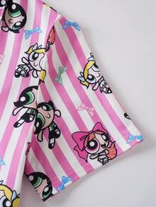 THE POWERPUFF GIRLS X SHEIN 青少年女孩條紋卡通印花上衣與短褲家居服 - 粉色 - 查看 5