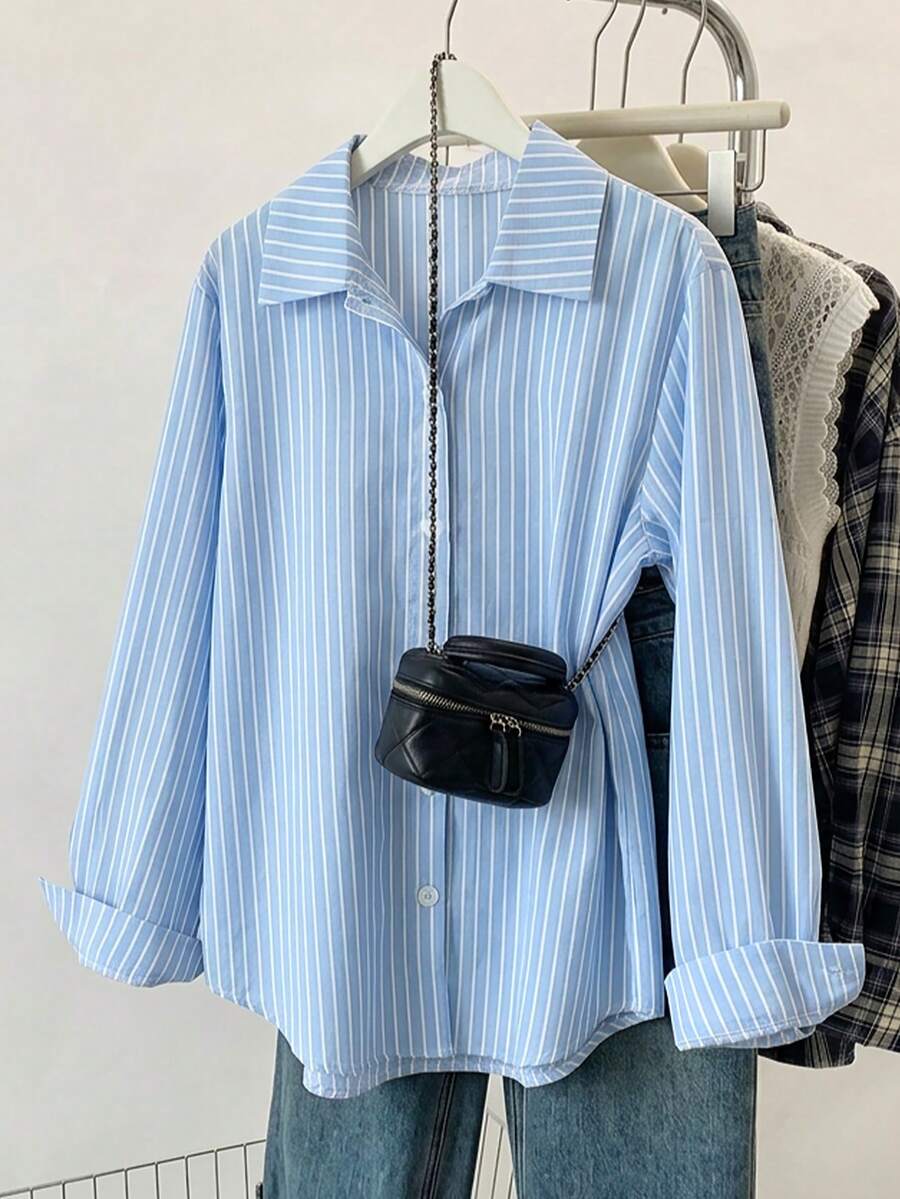 SHEIN 女童藍色條紋領口襯衫,圓弧下擺,休閒日常穿著,返校學院風 - 藍色 - 查看 1