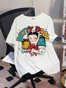 Betty Boop x SHEIN تي شيرت صيفي كاجوال بمقاس كبير مطبوع عليه حروف كرتونية - أبيض - مشاهدة 3
