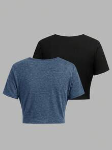 SHEIN Essnce Curve 夏季休閒 Y2K 外出上衣 度假風 黑色條紋短袖短版 T-shirt 2 件組 - 彩色 - 查看 2