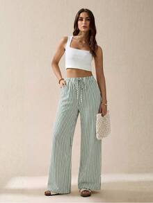 SHEIN Tall 條紋印花休閒日常穿著女款春夏長褲 - 墨綠色 - 查看 6