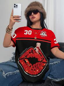 Betty Boop x SHEIN 大尺碼拼色拼接唇形印花T恤 - 白色 - 查看 4