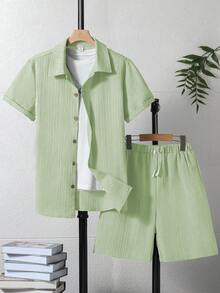 Genkimix Kids 青少年男童休闲纯色短袖衬衫和短裤两件套，夏季 - 薄荷綠 - 查看 5