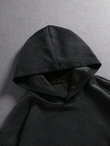 ROMWE MEN Men's Waffle Fabric Washed Loose Fit Hoodie - Black - View 3