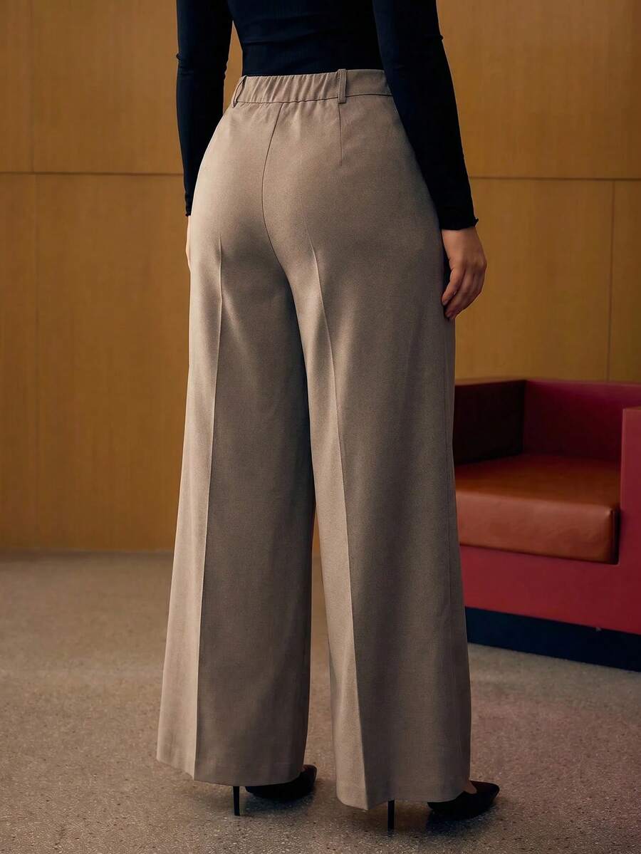 MOTF PREMIUM PLUS SIZE WOMEN SOLID SEAM FRONT WIDE LEG PANTS FALL - Grey - View 2