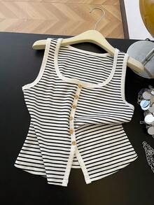GlowEve New Fashionable Summer Casual Vacation Striped Print Cardigan With Button Decor Women Tank Top - White - View 6