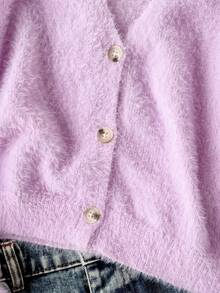 SHEIN 少女秋冬針織開襟毛衣新品，獨特設計展現女孩獨特時尚品味，凸顯自然清新特質，適合家庭時光、派對、戶外活動、節日聚會與穿搭拍照，Icon女孩必備 - 淡紫色 - 查看 3
