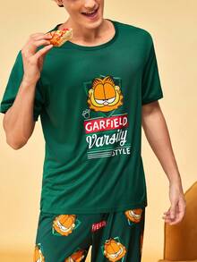 Notgurli GARFIELD | SHEIN Conjunto de ropa de estar en casa con camiseta de manga corta y pantalones estampados de marca compartida para hombre - Multicolor - Ver 7