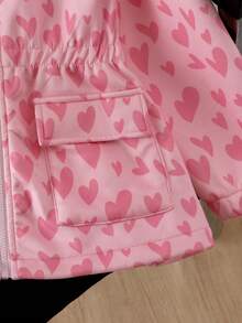 SHEIN 女童秋季粉色愛心印花連帽抓絨羊羔毛內裡拉鍊外套 可愛加厚保暖派克大衣 外穿秋季服飾 - 粉色 - 查看 6
