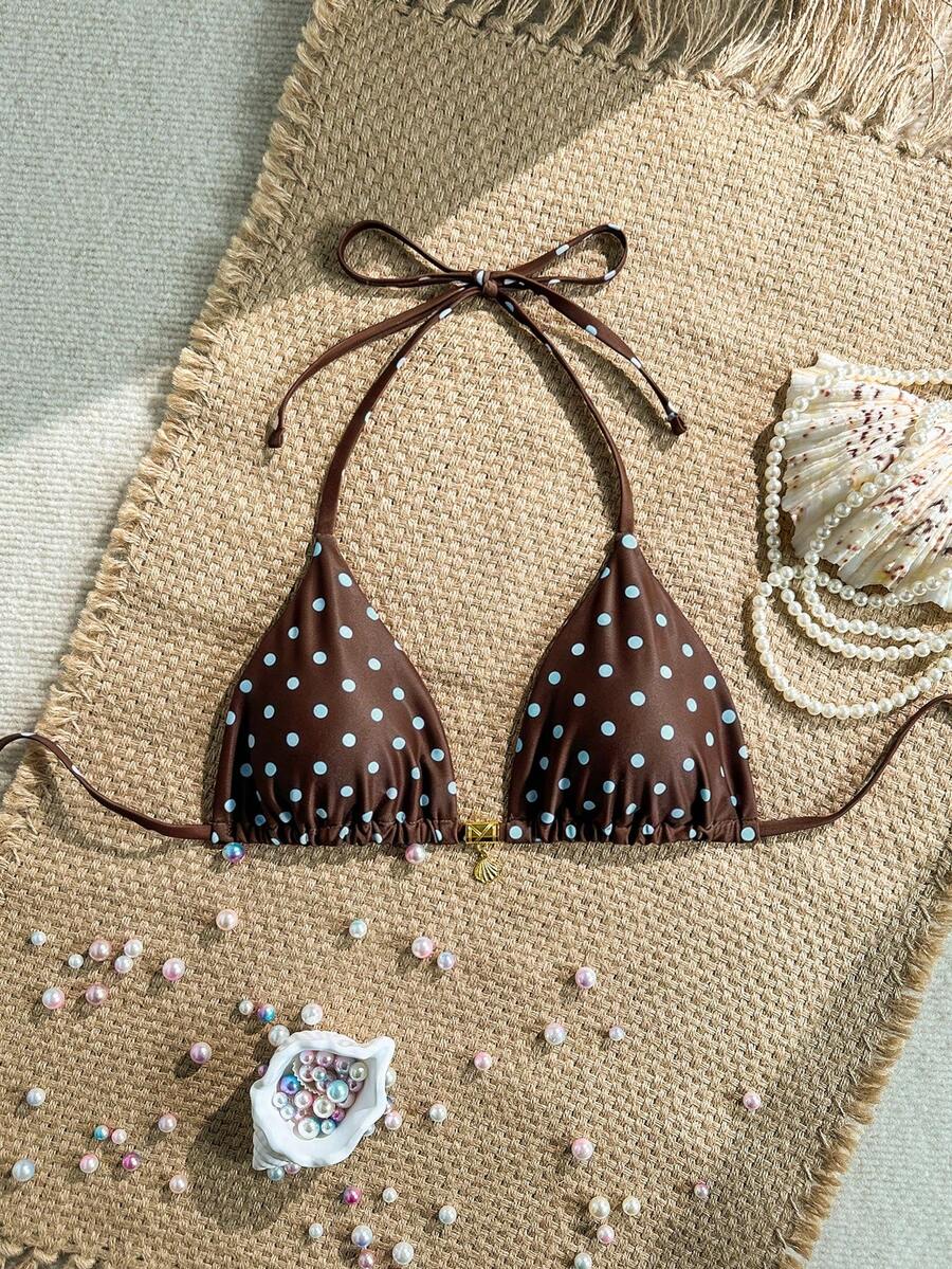 Swim Mod Summer Vacation Random Print Gold Shell Decor Halter Triangle Cup Bra Sexy One-Piece Swimsuit Top - Multicolor - View 1