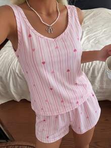 SHEIN Casual Underwear&Sleepwear 女款休閒針織背心與短褲條紋愛心印花睡衣套裝 - 粉色 - 查看 4