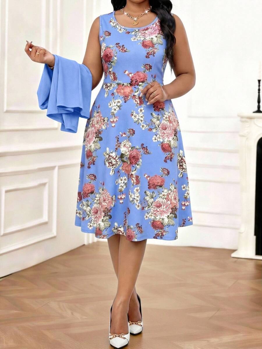 SHEIN Lady Ladies Summer Casual Elegant Royal Blue Sky Blue Sleeveless Midi Dress With Flower Pattern And Matching Bolero Wedding Wedding Guest Brunch - Blue - View 1
