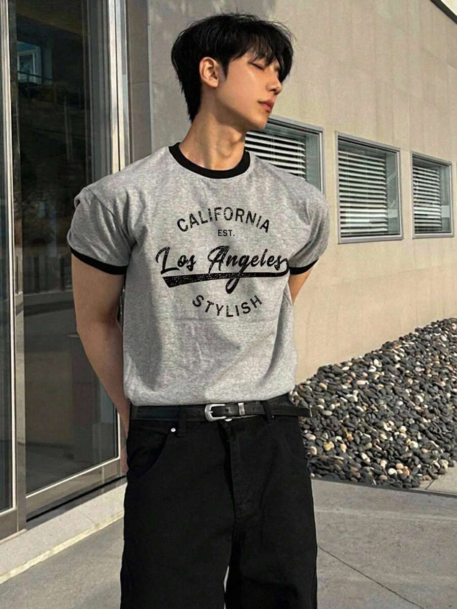 DAZY Summer Patchwork Contrast Color Collar Round Neck Letter Print Slim Fit Men's T-Shirt - Grey - View 1