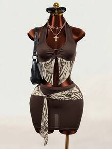 Mistrie Summer Sexy Animal Print Patchwork Backless Halter Top And Skirt Set - Brown - View 1