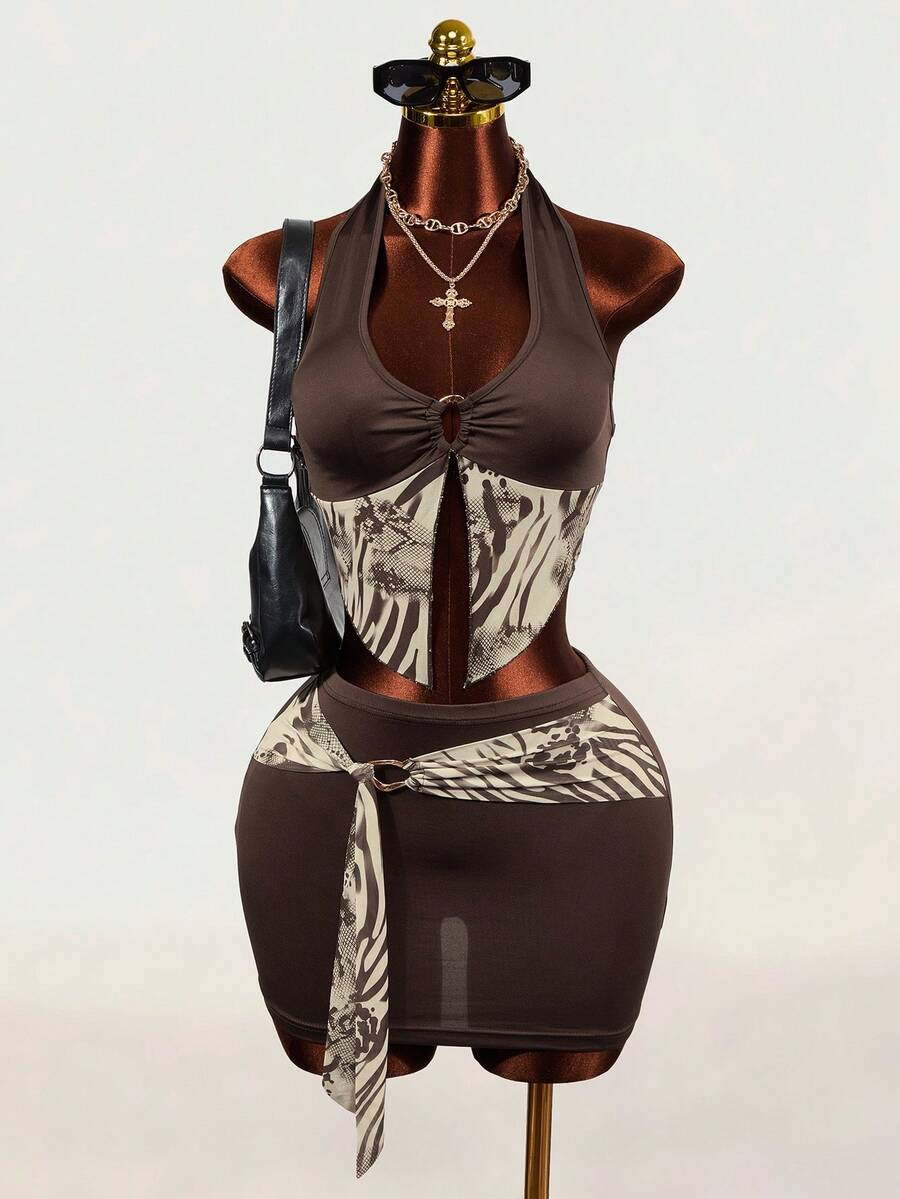 Mistrie Summer Sexy Animal Print Patchwork Backless Halter Top And Skirt Set - Brown - View 1