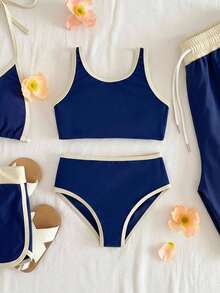SHEIN Infant & Baby GirlColorblock Minimalist Casual Swimsuit - Blue - View 1