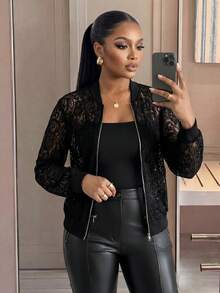 SHEIN Lady CURVE 大尺碼優雅素色透視蕾絲外套 - 黑色 - 查看 3
