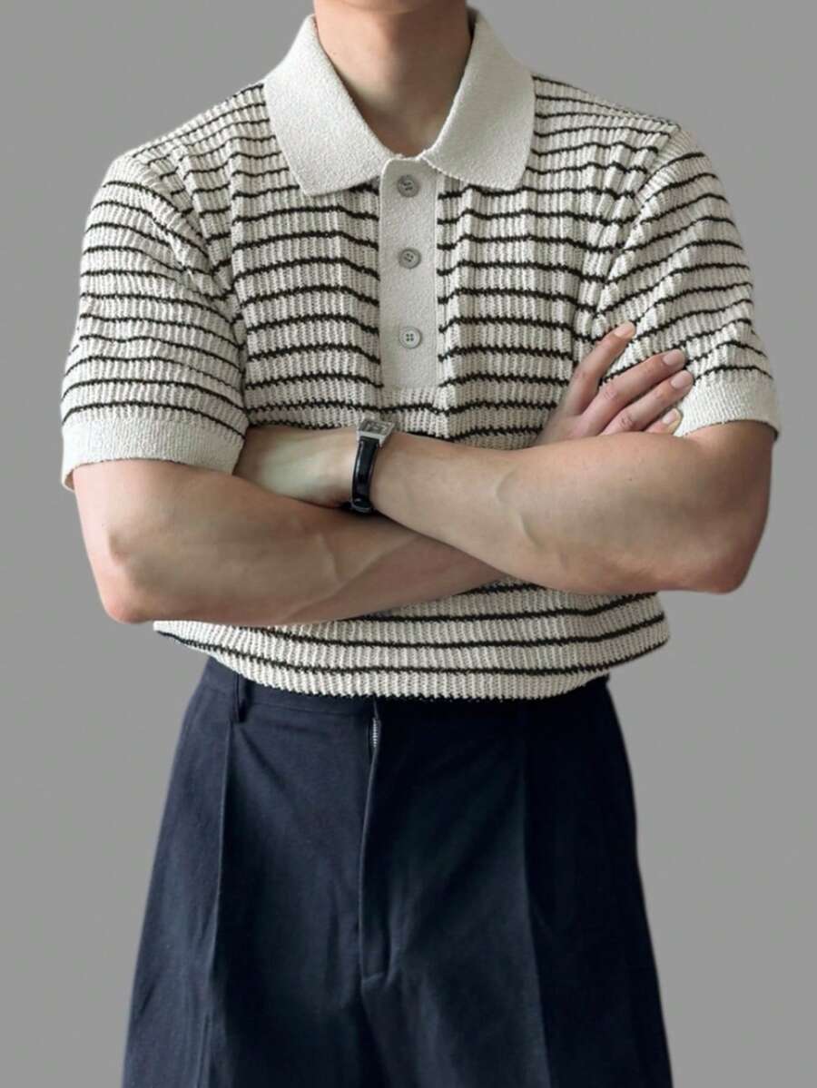 Men's Striped Patchwork Contrast Color Knit Top Summer - Multicolor - View 1