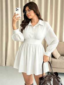 Vionelle Plus Size Summer/ Woven Long Sleeve Shirt Collar Solid Color Shirred Dress Brunch Formal Allover White Casual Elegant - White - View 7