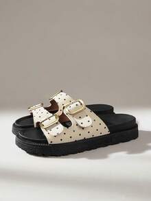 Solecia Metal Buckle Decorative Slippers, Open Toes, Muffin Thick Bottom, Comfortable And Versatile, Sandals - White polka dot - View 5
