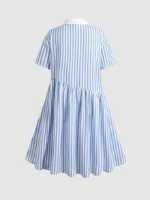 SHEIN 青少年女孩 Polo 領條紋刺繡圖案短袖中長洋裝，適合青少年女孩，對比色荷葉領花瓣袖印花洋裝，適合學校、戶外活動、購物，鈕扣洋裝童裝 - 藍色 - 查看 6