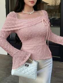 Feyla Women's Elegant Foldover Square Neck Flare Sleeve Asymmetrical Hem Fitted T-Shirt Swiss Dot Spring Summer Top - Dusty Pink - View 6