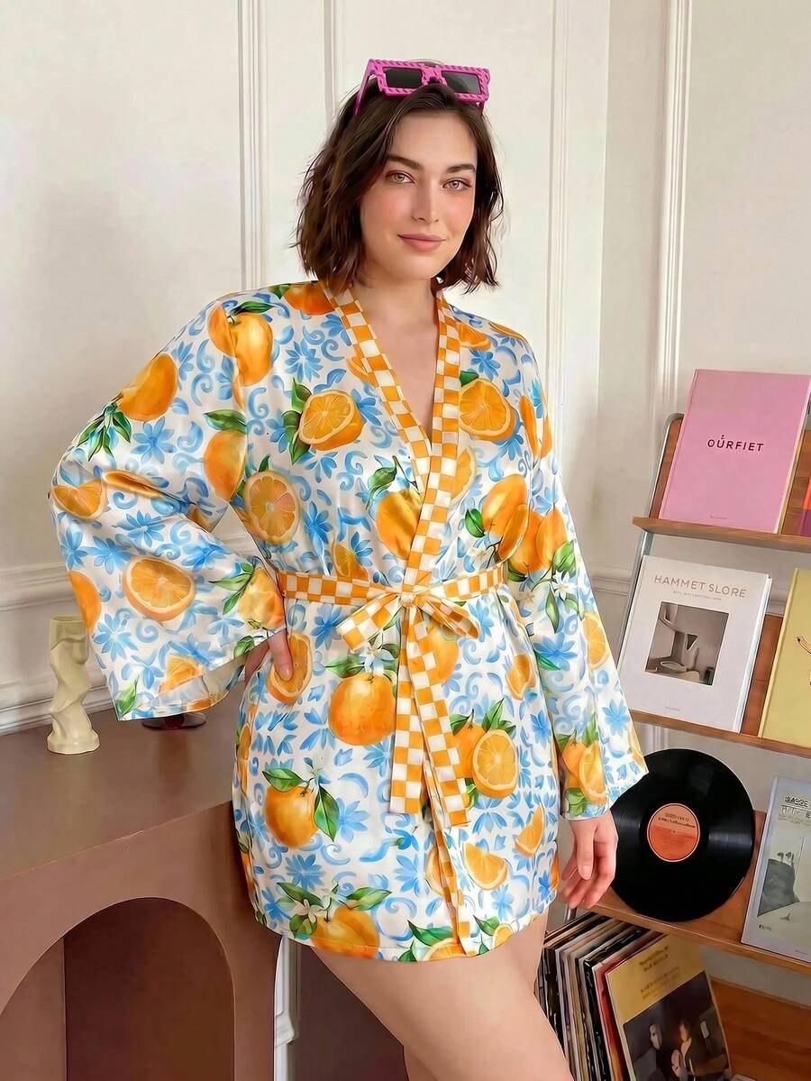 Chillnights Casual Vacation Fruit Plaid Color Block Geometric Print Satin Plus Size Robe - Multicolor - View 1