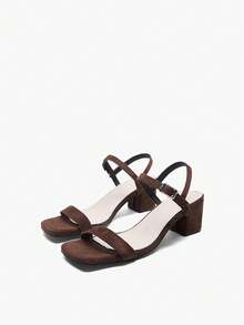 1 Pair New Brown Suede Square Toe Party Chunky Heel Sandals, Summer Buckle Open Toe Versatile Sexy Slim Strap Retro Mid-Heel Commuting Women Shoes - Brown - View 6
