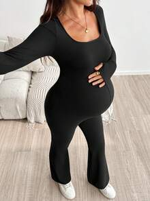 SHEIN Maternity Solid Color Minimalist Simple Versatile Long Sleeve Flared Leg Jumpsuit Autumn Photoshoot - Black - View 6