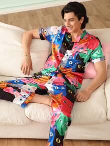 Chillnights Couples Young Cute Fun Vibrant Cat Print Lapel Front-Opening Satin Men's Loungewear Set - Multicolor - View 3