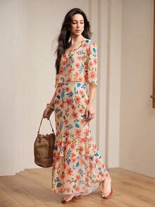 Revavyn Elegant Fashionable Design High-End Fresh French Vintage Commute Chic Women's Floral Pattern Top And Skirt 2 Pieces Set - Multicolor - View 4
