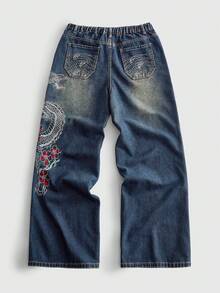 ROMWE MEN Street Life 青少年男孩休閒水洗龍圖案刺繡牛仔長褲 - 藍色 - 查看 2