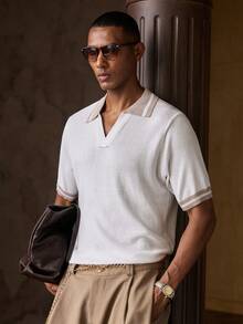 HIMLAND Men's Striped Colorblock Fashion Minimalist Knit Top - White - View 2