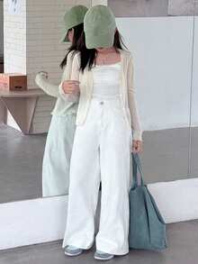 Dazy Kids Tween Girls' Casual Versatile Solid Color Wide Leg Jeans - White - View 2