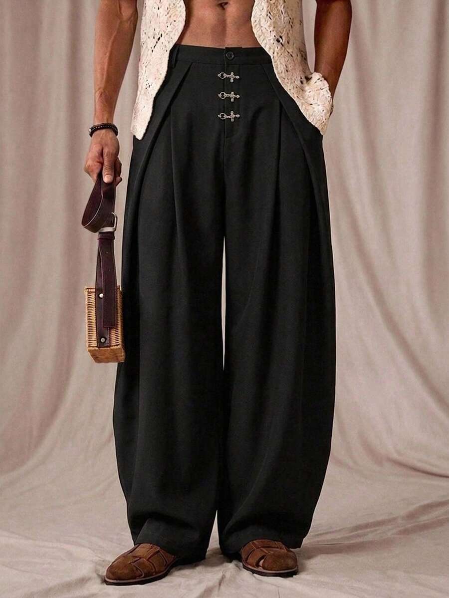 Vientiro 男士纯色金属装饰褶裥斜插口袋休闲阔腿裤 - 煙灰色 - 查看 1