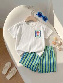 SHEIN Playful Pals 小龍蝦印花 2 件組幼兒夏季度假前後穿著 T-shirt，彈性腰條紋 S 號 - 彩色 - 查看 4