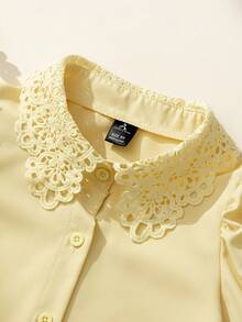 SHEIN Tween Girls Fall Tops Fall Girls' Summer Short Sleeve Blouse, Lace Collar 3D Floral Lace Short Sleeve Blouse - Yellow - View 7