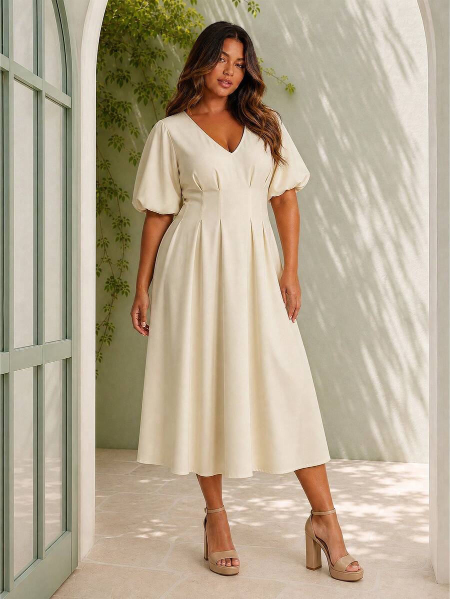 ELLERISSA Curve Elegant White Summer Party Midi Dress,Puff Sleeve Box Pleated V Neck A Line Structured Gown,Plus Size Women's Formal Work Outfits - White - View 1