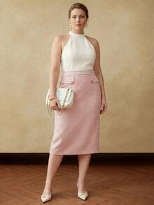 MOTF PREMIUM PLUS SIZE WOMEN'S ELEGANT CONTRAST COLOR TEXTURED METAL BUTTON DECOR SPLIT HEM DRESS - Pink - View 5