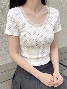 Dazy Tall 女款高個子長袖波點蕾絲拼接休閒T恤，適合高個女孩的可愛上衣 - 彩色 - 查看 7