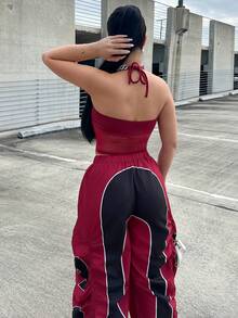 Dayanna Comas Women's Semi-Sheer Lace & Mesh Splice Halter Casual Tank Top Summer - Burgundy - View 2