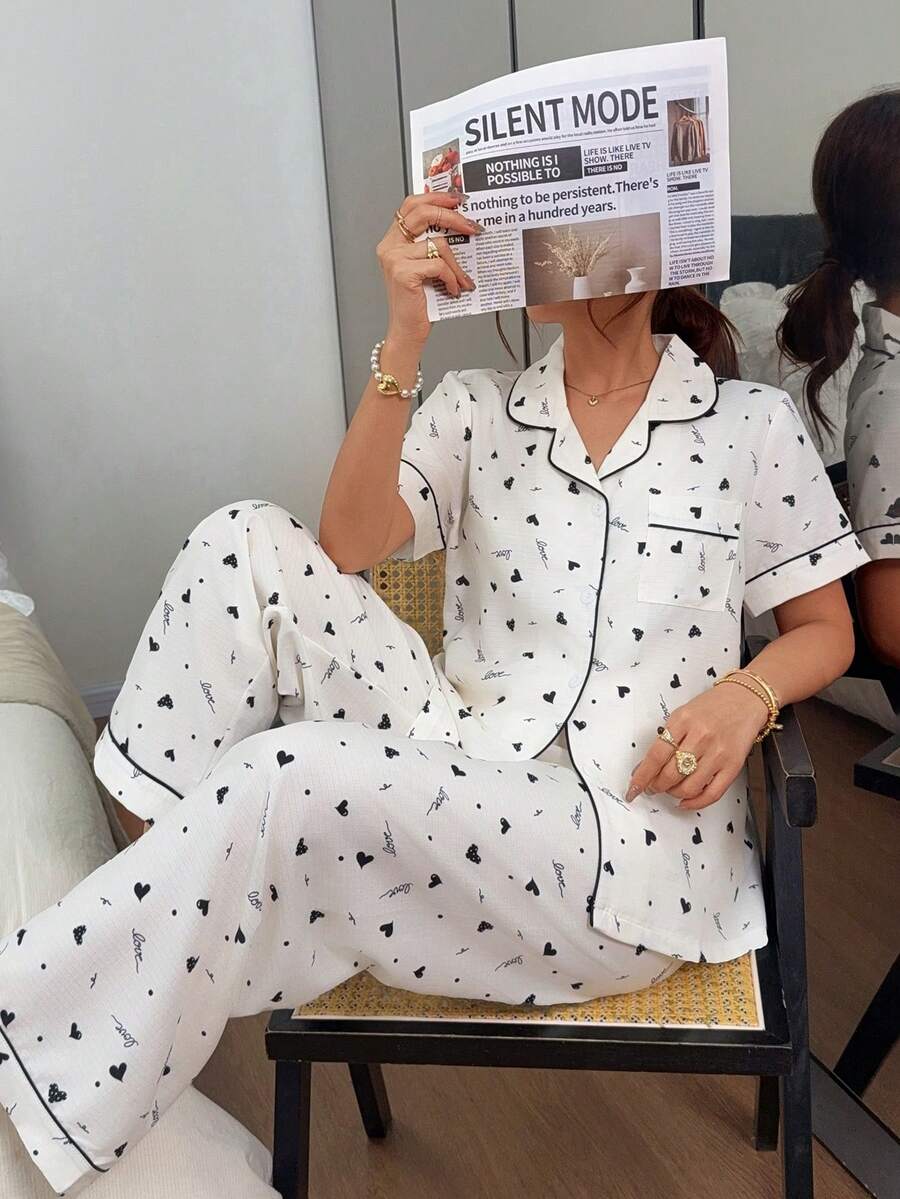 Napfluff Classic Lapel Heart Print Comfortable Home Pajama Set - Apricot - View 1