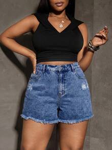 SHEIN PETITE CURVE Petite Women's Plus Size Blue Denim Distressed Shorts - Medium Wash - View 7