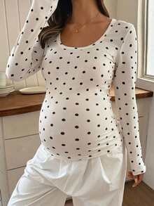DAZY Fashion Polka Dot Large Scoop Neck Long Sleeve Base Layer T-Shirt For Maternity Daily Wear Early Autumn - Apricot - View 6