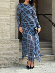 Firerie Elegant Y2k Fashion Plaid Ruched Asymmetrical Hem Long Dress For Women Going Out Party Blue Plaid Autumn - Multicolor - View 7