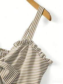SHEIN LUNE CURVE Plus Size Women's Summer Holiday Blue & White Striped Sleeveless Ruffle Tie Bow Casual Elegant Commute Date Adjustable Shoulder Strap Cinched Waist A-Line Short Dress - Coffee Brown - View 7