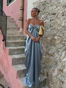 Aloruh Damen elegantes Seidenkleid mit Metallschnallen-Dekor, geeignet für Dates und Partys - Graublau - Übersicht 1